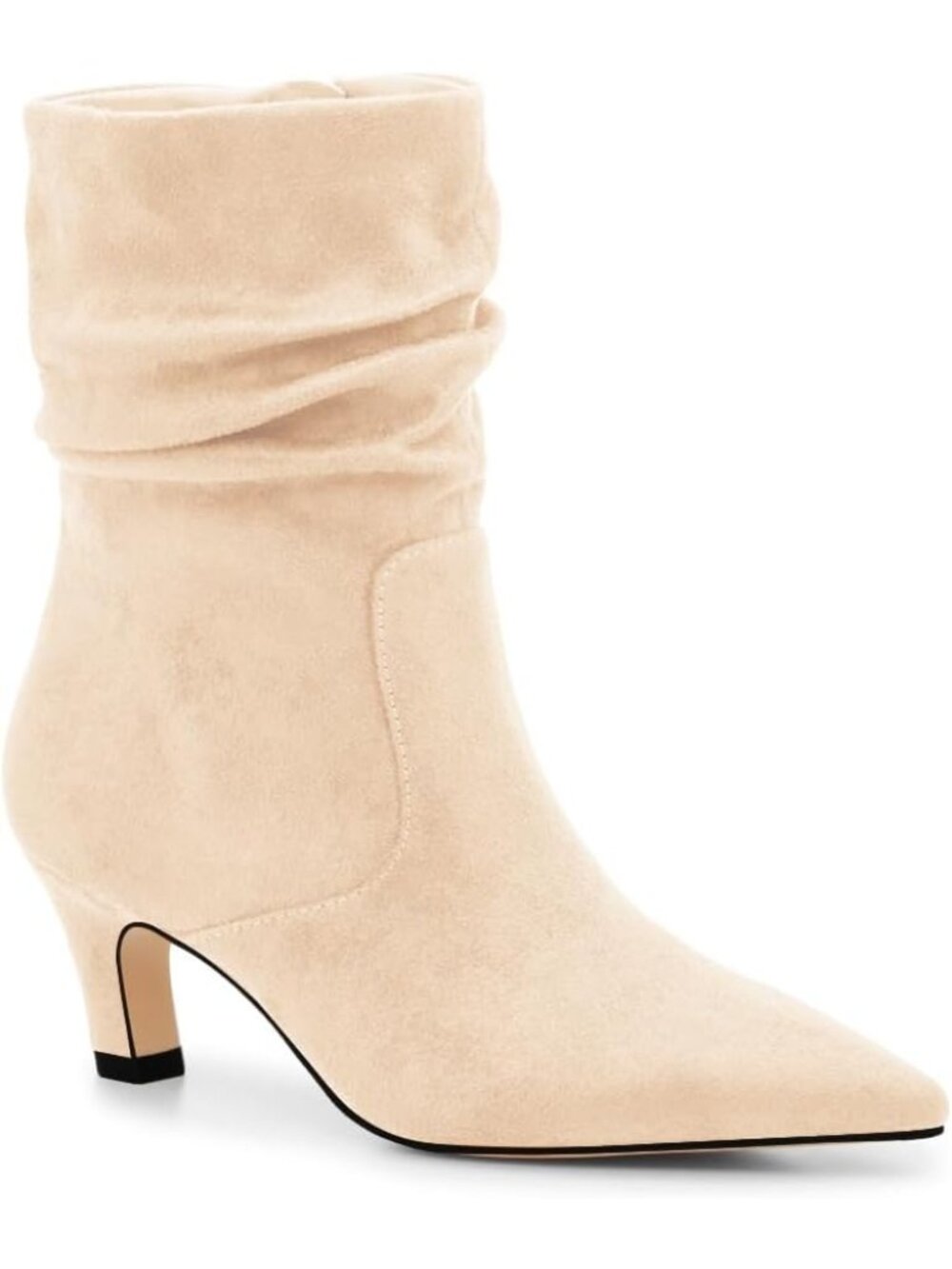 Women's Beige Slouchy Low Kitten Heel Pointed Toe Side Zipper Ankle Booties